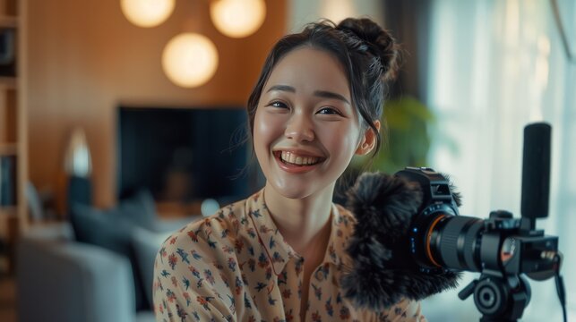Smiling Asian young woman content creator recording a video himself on blured living room background