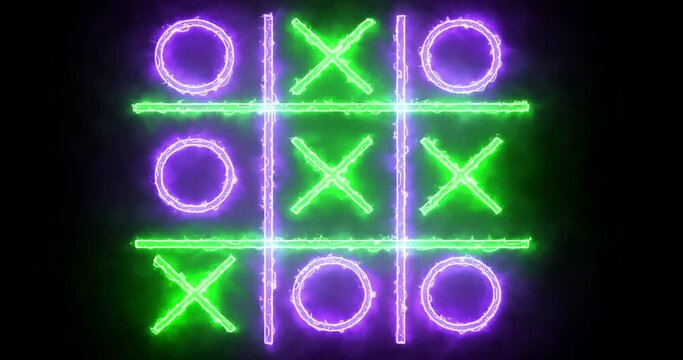 4K purple and green Tic Tac Toe game icon on a black background. Glowing neon line Tic Tac Toe X-O game icon on a black background. Technology video material animation. Easy to use in any video.