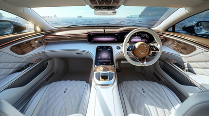 A luxury car interior. Modern and comfortable car. Generative AI.