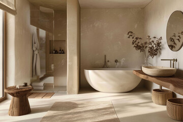 A minimalist Scandinavian bathroom with clean lines and natural materials, featuring a freestanding bathtub, a floating vanity, and soft neutral tones 