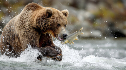 Obraz premium Powerful Brown Bear Catching Fish in Rapid Stream