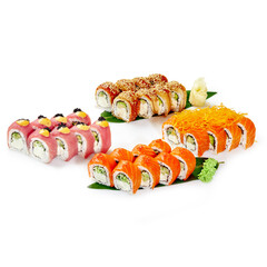 Set of Philadelphia rolls with salmon, eel and tuna on white