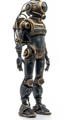 Humanoid robot mechanical body standing on isolated background sci-fi prop design