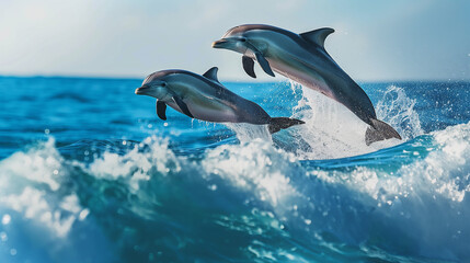 Fototapeta premium Playful Dolphins Leaping Joyfully Over Ocean Waves