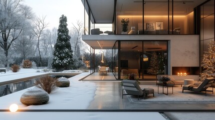 Naklejka premium In winter, looking from the house to the outside, the house is sleek and modern, with TV, fireplace and plants, including chairs. Generative AI.