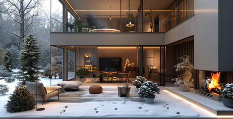 Naklejka premium In winter, looking from the house to the outside, the house is sleek and modern, with TV, fireplace and plants, including chairs. Generative AI.