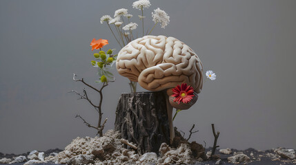 Affectionate : In a simple yet powerful scene, a human brain rests atop a slender tree trunk, surrounded by a few carefully placed flowers.