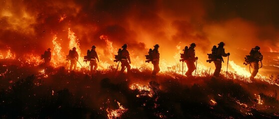 Fototapeta premium Firefighters battling a raging wildfire. AI.