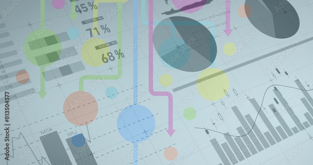 Wall mural image of statistics and data processing over colorful shapes on white