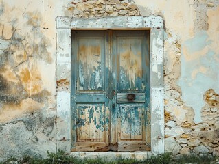 Weathered wooden doors painted in blue and white. AI.