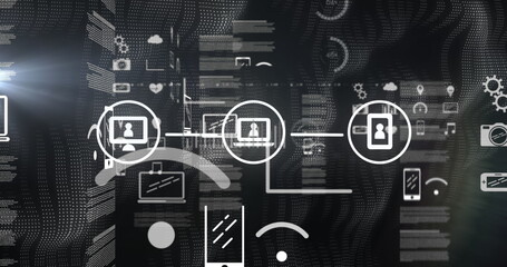 Digital icons and symbols connecting across blue background