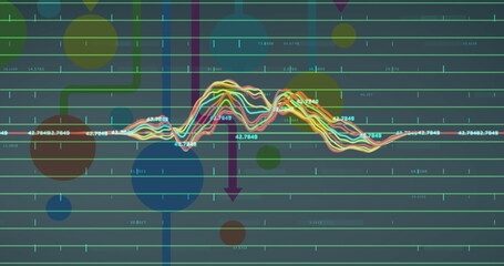 Image of statistics and data processing over colorful arrows and circles
