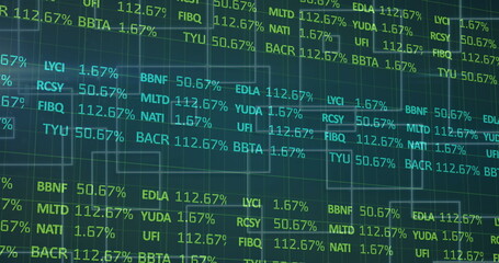 Image of statistics and data processing on blue background