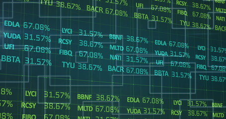 Image of statistics and data processing on blue background