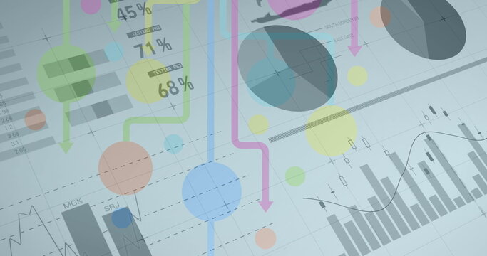 Image of statistics and data processing over colorful shapes on white