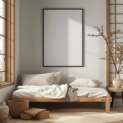 Frame mockup, modern oriental style hanok house interior, apartment bedroom wall poster mockup, 3D render