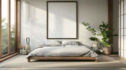 Frame mockup, modern oriental style hanok house interior, apartment bedroom wall poster mockup, 3D render