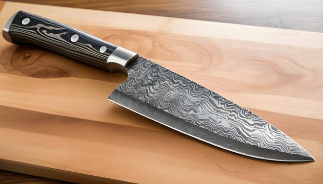 A kitchen chefs knife with a damascus steel blade
