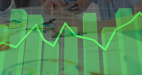 Image of financial data and graphs over hands of caucasian girl drawing