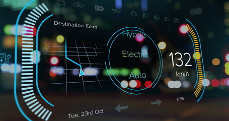 Naklejka premium Image of car panel over cityscape at night