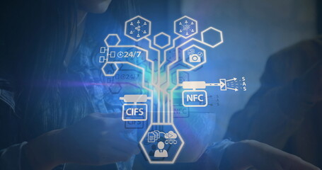 Image of connections with technology icons over biracial woman using smartphone