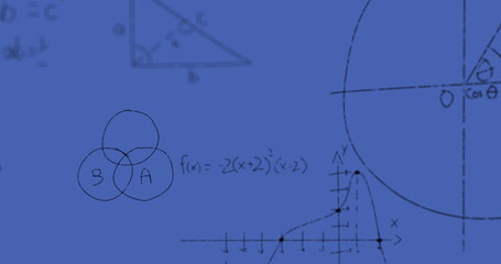 Image of mathematical equations processing on blue background