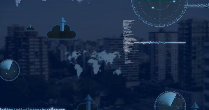 Image of data processing over cityscape