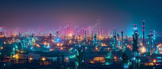 Obraz premium Night view of an industrial complex with many illuminated chemical plants and storage tanks. AI.