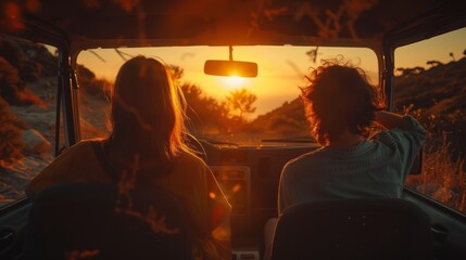 The photo shows a loving couple watching the sunset from their car.