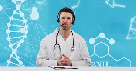 Caucasian male doctor wearing phone headset talking against dna and molecular structures floating - Powered by Adobe