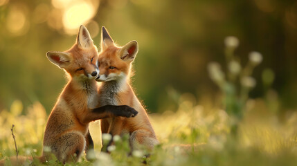Fototapeta premium Playful Fox Cubs Nuzzling in a Lush Meadow