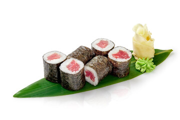 Tekka maki rolls with tuna served on bamboo leaf