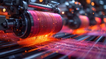High-tech fabric weaving machinery creating futuristic materials, vibrant and detailed, surreal