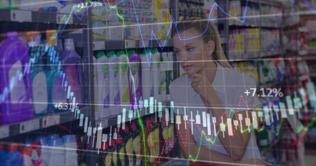 Image of financial data processing over thoughtful caucasian woman at grocery store