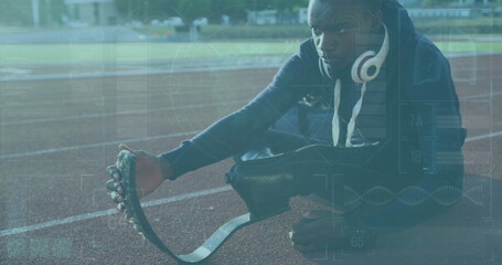 Image of digital interface over african american man with a physical disability running