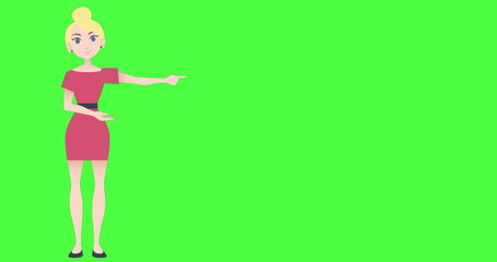 Image of illustration of caucasian woman talking and gesturing with copy space on green screen