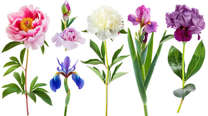Set of perennial garden flowers including peonies, hostas, and irises, isolated on transparent background