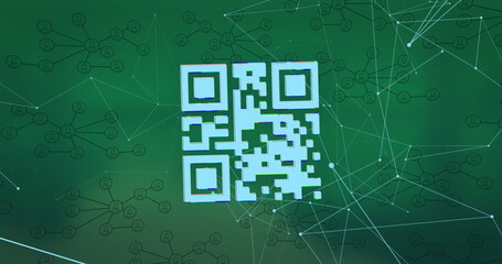 Glitch effect over a qr code scanner over network of connections against green background