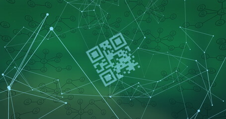A large QR code floating in digital space with connecting lines