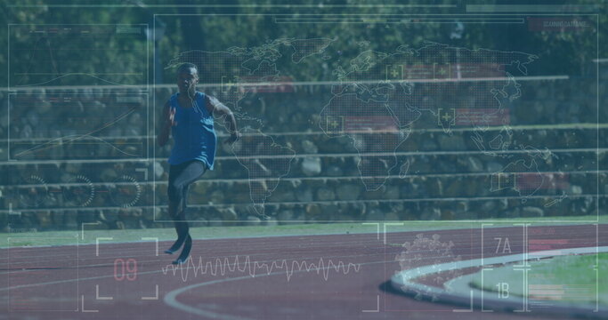 Image of data processing over disabled african american male runner