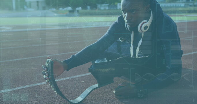 Image of digital interface over african american man with a physical disability running