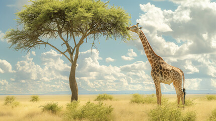 Fototapeta premium Graceful Giraffe Grazing Under Acacia Tree in Serene African Savannah