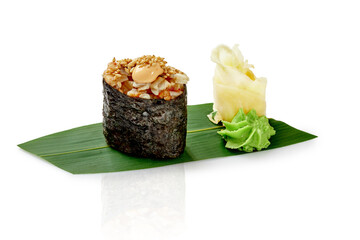 Gunkan maki sushi with eel on bamboo leaf