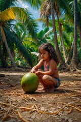 Fototapeta premium A girl sits on the ground in a tropical forest, holding a coconut. AI.