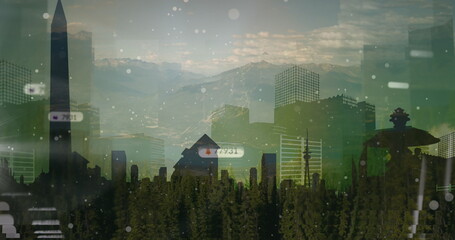 Image of falling social media icons over cityscape