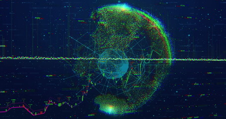 Image of graphs, connections and globe on navy background