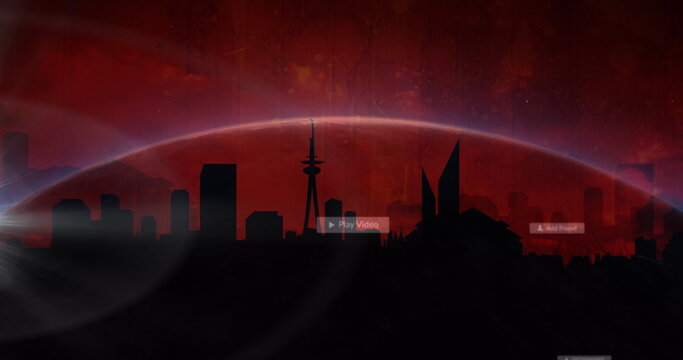 Image of falling social media icons over cityscape