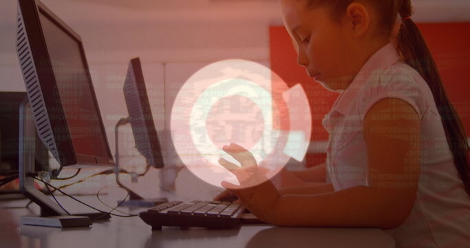 Image of data processing over biracial schoolgirl using computer