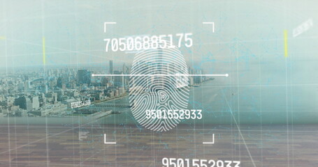 Image of data processing and fingerprint over cityscape