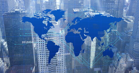 Image of data processing and world map over cityscape